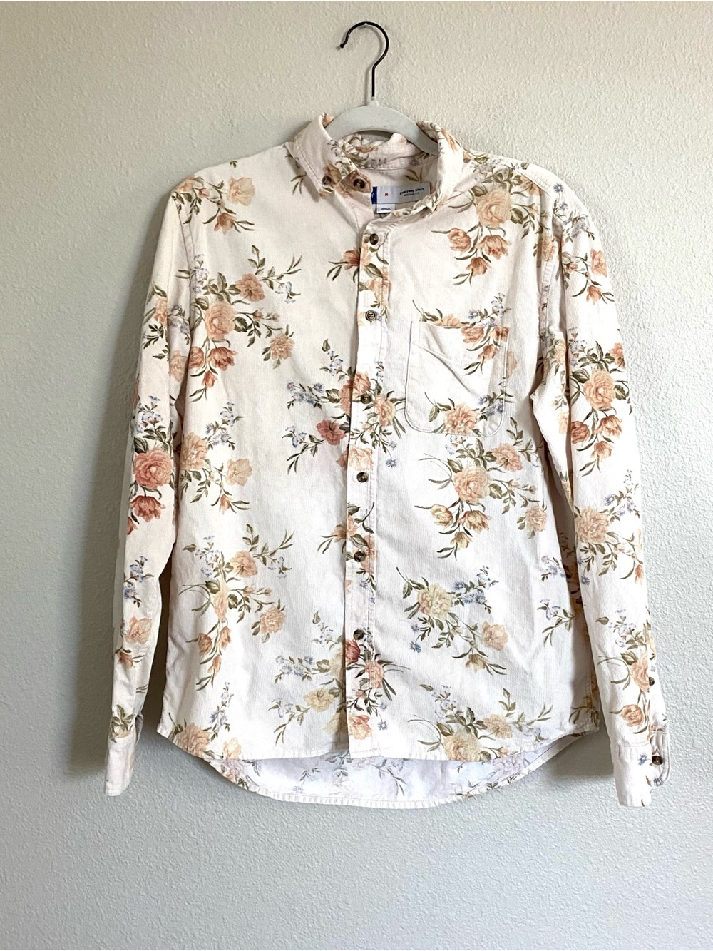 Old Navy Cream Corduroy Floral Button-Down Shirt with Peach Roses
